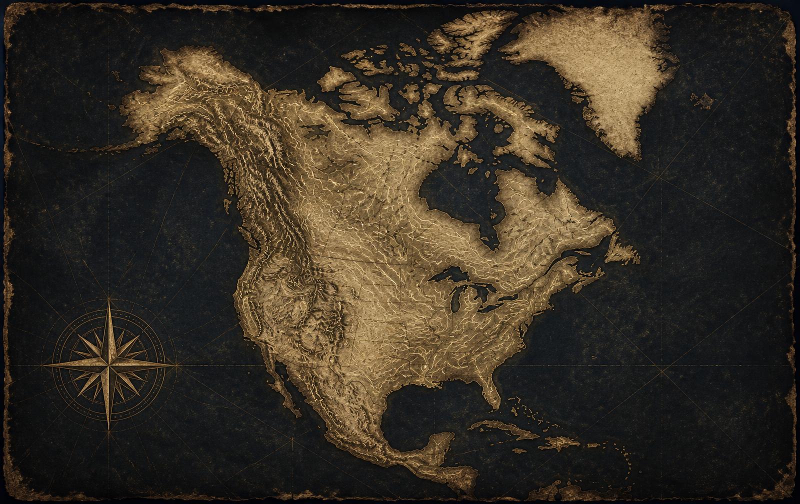 Vintage topographic map of North America with a compass rose
