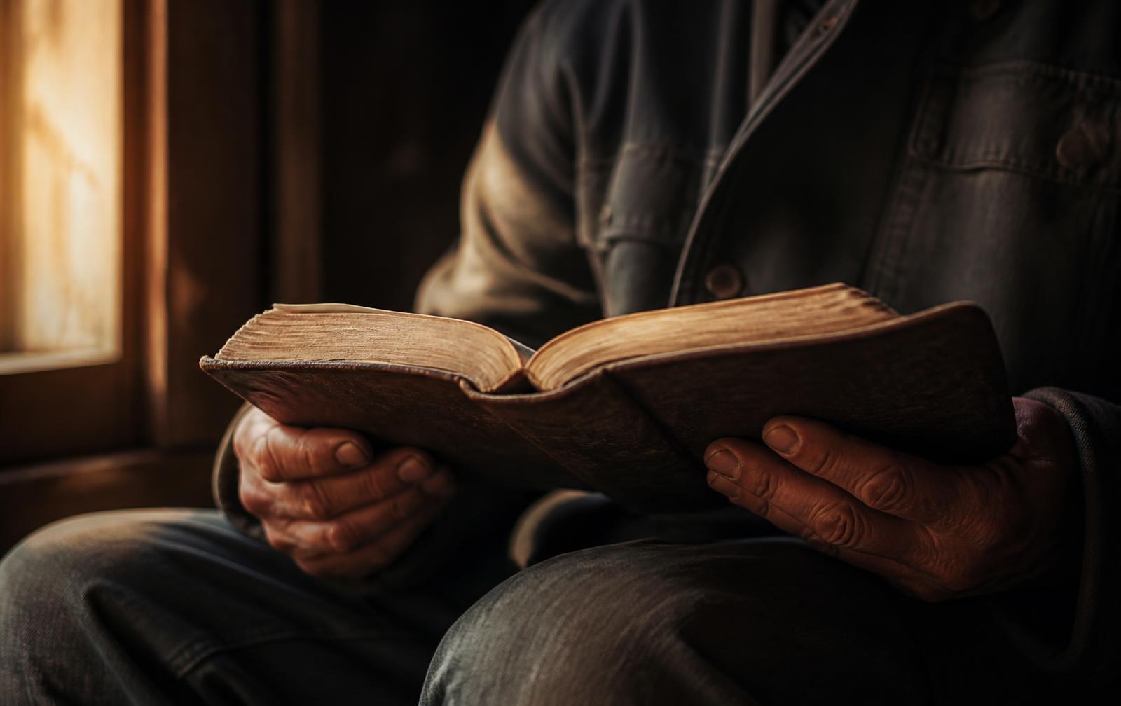 A man's hands holding an open, worn Bible in warm window light