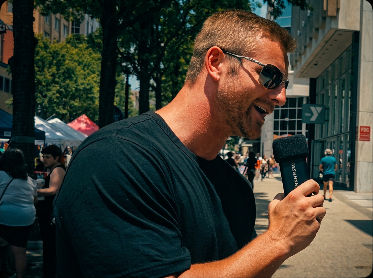 Street preacher speaking into a microphone at a downtown festival