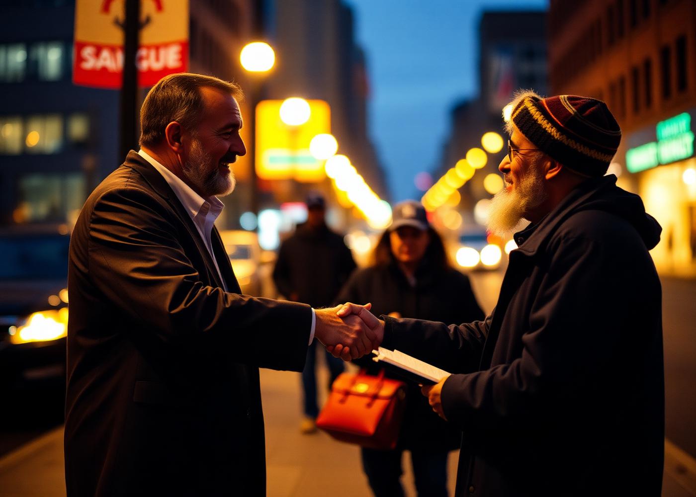 A pastor and a street evangelist shaking hands on a city sidewalk at dusk