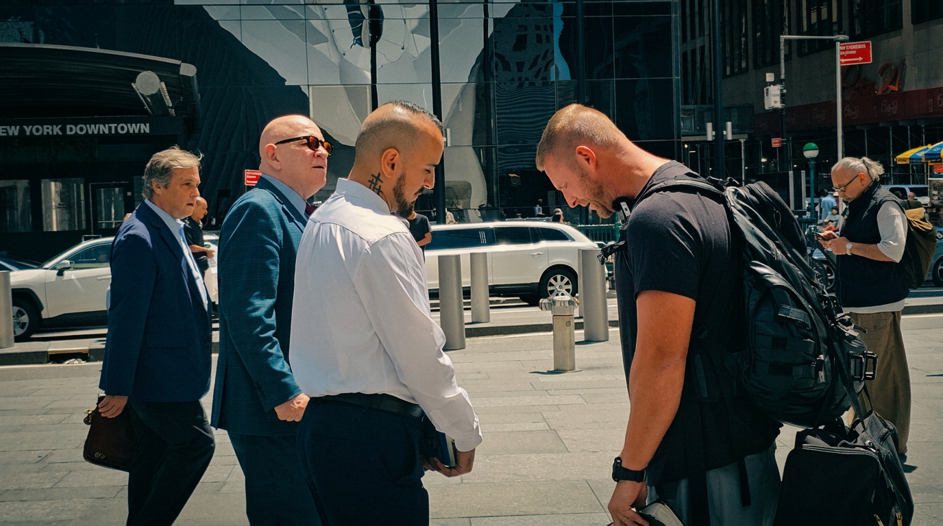 Street evangelism on a downtown New York sidewalk during the workday