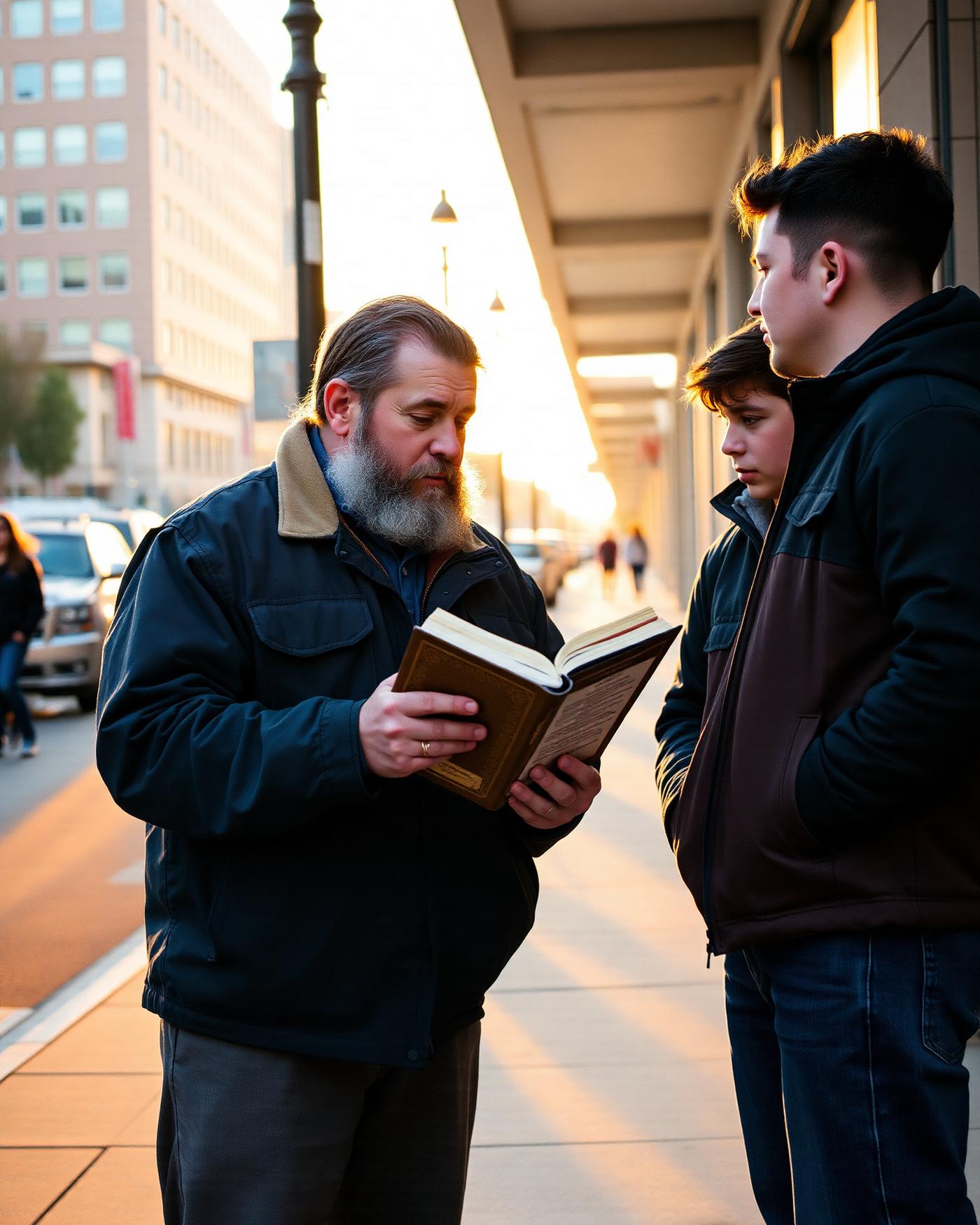 A man sharing an open Bible with two young men on a city sidewalk
